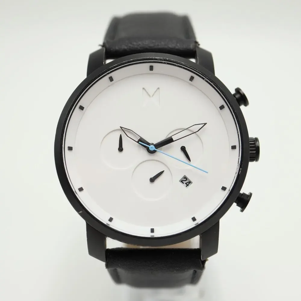 MVMT Men's 45mm Chronograph Minimal Watch White Black Faux Leather w New Battery